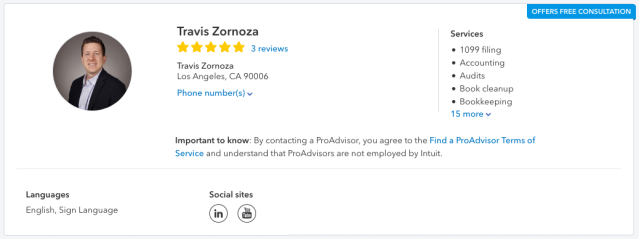 Pro Advisor profile for Travis Zornoza includes his support for English and Sign Language